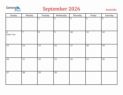 Current month calendar with Australia holidays for September 2026