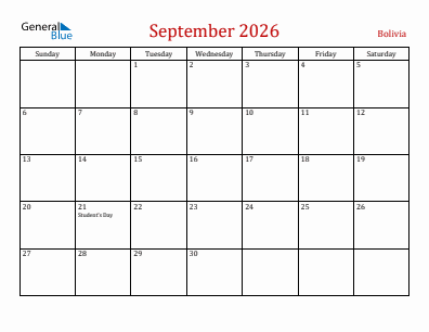 Current month calendar with Bolivia holidays for September 2026