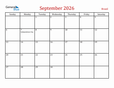 Current month calendar with Brazil holidays for September 2026