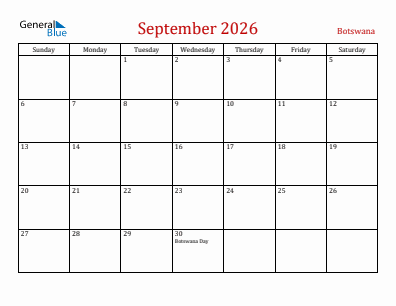 Current month calendar with Botswana holidays for September 2026