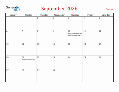 Current month calendar with Belize holidays for September 2026