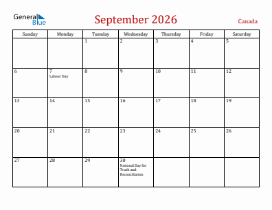 Current month calendar with Canada holidays for September 2026