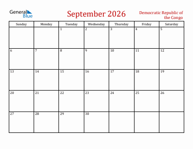 Current month calendar with Democratic Republic of the Congo holidays for September 2026