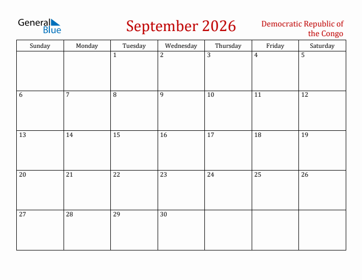 Democratic Republic of the Congo September 2026 Calendar - Sunday Start