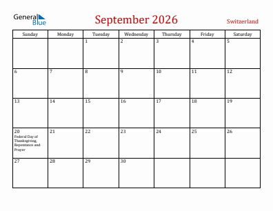 Current month calendar with Switzerland holidays for September 2026