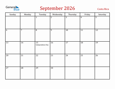 Current month calendar with Costa Rica holidays for September 2026