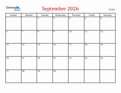 Current month calendar with Cuba holidays for September 2026