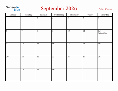Current month calendar with Cabo Verde holidays for September 2026
