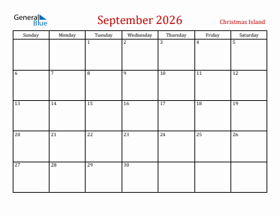 Current month calendar with Christmas Island holidays for September 2026