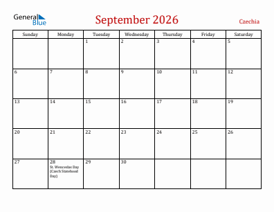 Current month calendar with Czechia holidays for September 2026