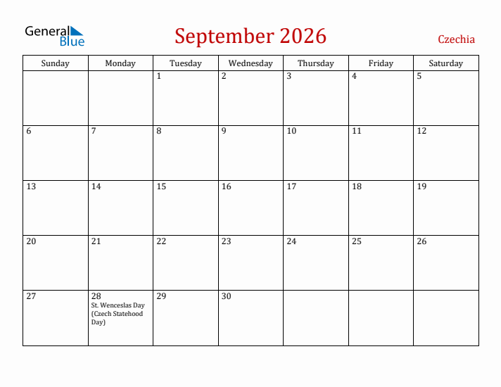 Czechia September 2026 Calendar - Sunday Start