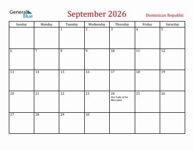 Current month calendar with Dominican Republic holidays for September 2026