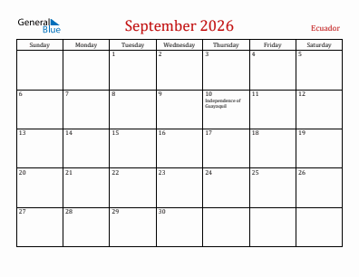 Current month calendar with Ecuador holidays for September 2026