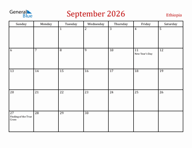Current month calendar with Ethiopia holidays for September 2026