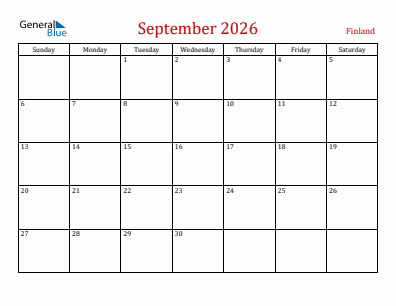 Current month calendar with Finland holidays for September 2026