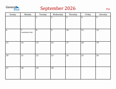 Current month calendar with Fiji holidays for September 2026