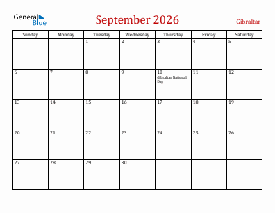 Current month calendar with Gibraltar holidays for September 2026