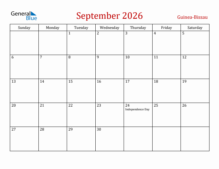 Guinea-Bissau September 2026 Calendar - Sunday Start