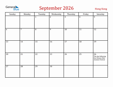Current month calendar with Hong Kong holidays for September 2026