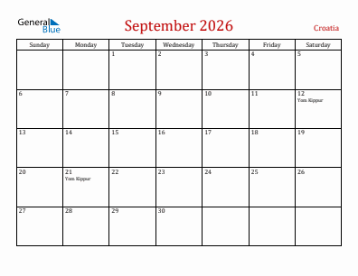 Current month calendar with Croatia holidays for September 2026
