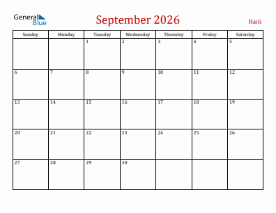 Current month calendar with Haiti holidays for September 2026