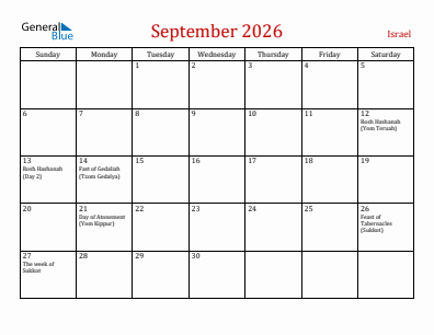 Current month calendar with Israel holidays for September 2026