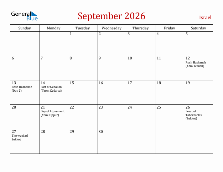Israel September 2026 Calendar - Sunday Start