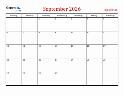 Current month calendar with Isle of Man holidays for September 2026