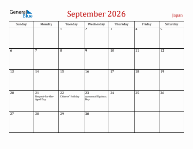 Current month calendar with Japan holidays for September 2026