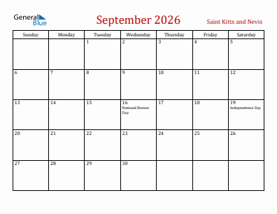 Current month calendar with Saint Kitts and Nevis holidays for September 2026