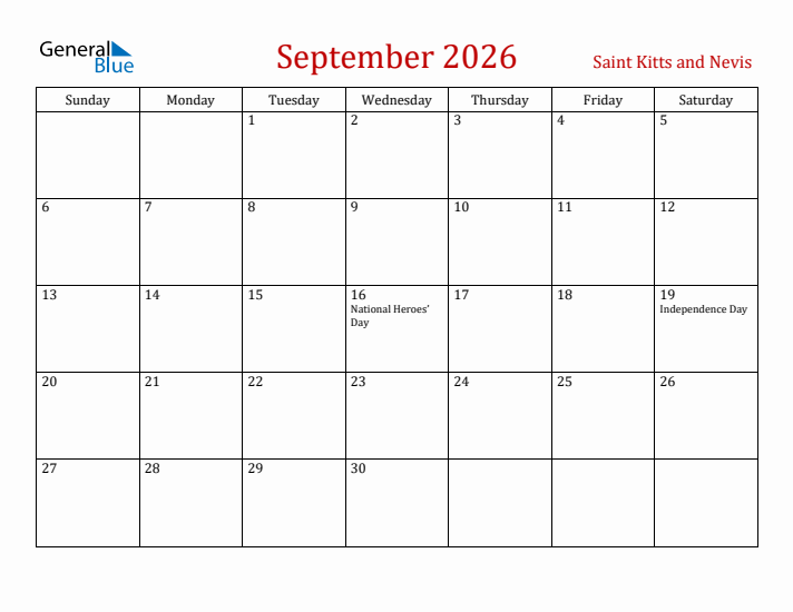 Saint Kitts and Nevis September 2026 Calendar - Sunday Start
