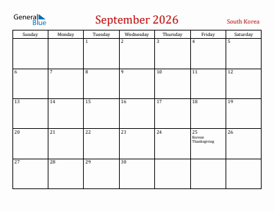 Current month calendar with South Korea holidays for September 2026