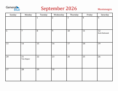 Current month calendar with Montenegro holidays for September 2026