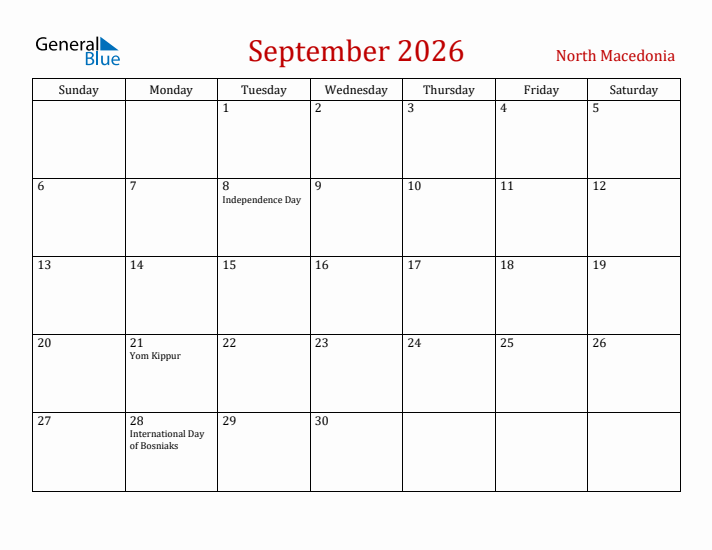 North Macedonia September 2026 Calendar - Sunday Start
