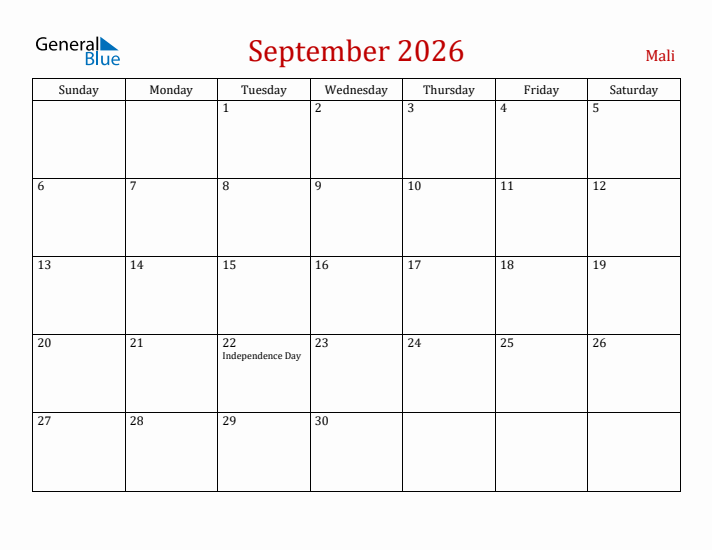 Mali September 2026 Calendar - Sunday Start