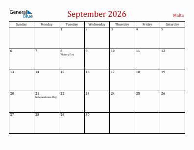 Current month calendar with Malta holidays for September 2026