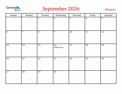 Current month calendar with Malaysia holidays for September 2026