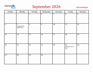 Current month calendar with Mozambique holidays for September 2026