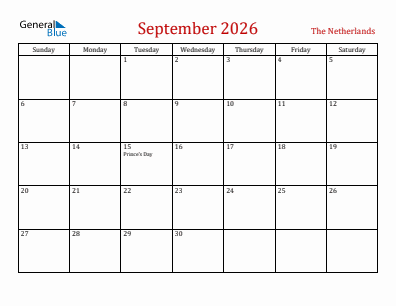 Current month calendar with The Netherlands holidays for September 2026