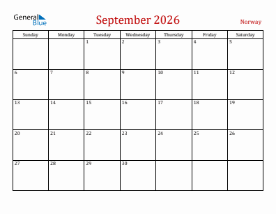 Current month calendar with Norway holidays for September 2026