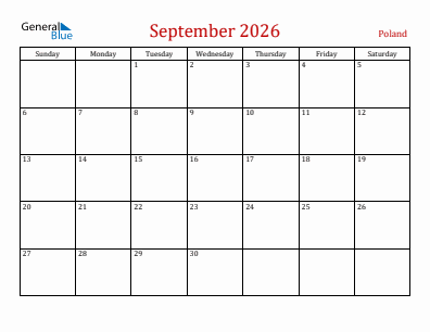 Current month calendar with Poland holidays for September 2026