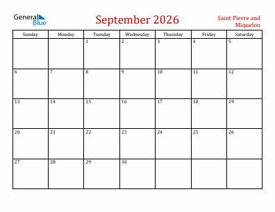 Current month calendar with Saint Pierre and Miquelon holidays for September 2026