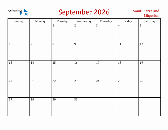 Saint Pierre and Miquelon September 2026 Calendar - Sunday Start
