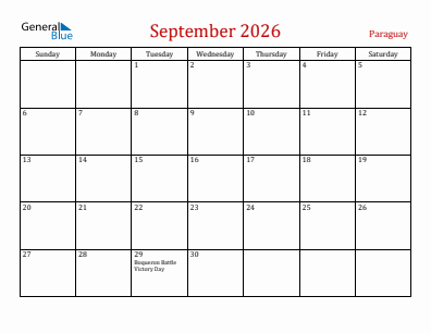 Current month calendar with Paraguay holidays for September 2026