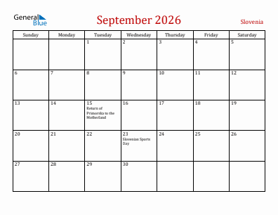 Current month calendar with Slovenia holidays for September 2026