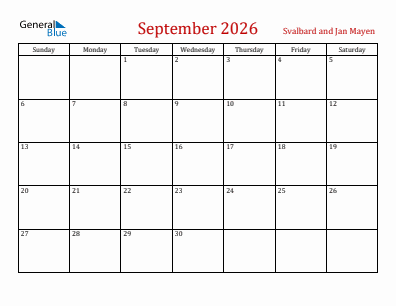 Current month calendar with Svalbard and Jan Mayen holidays for September 2026