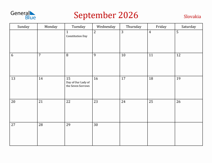 Slovakia September 2026 Calendar - Sunday Start