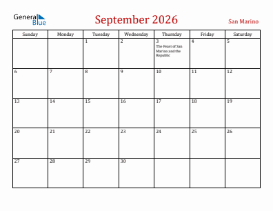 Current month calendar with San Marino holidays for September 2026