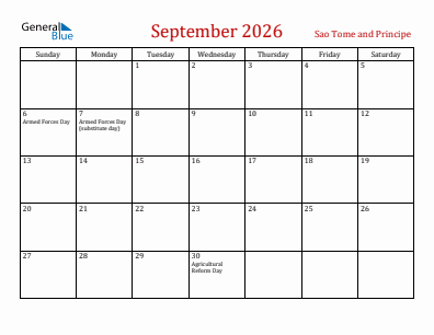 Current month calendar with Sao Tome and Principe holidays for September 2026