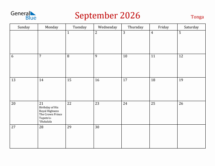 Tonga September 2026 Calendar - Sunday Start